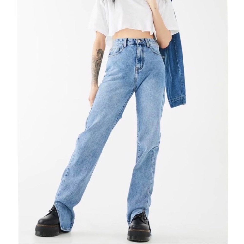 Momokrom‎ Side Slit Hem Vintage Wash Jeans UK 10 Tall Girl Friendly